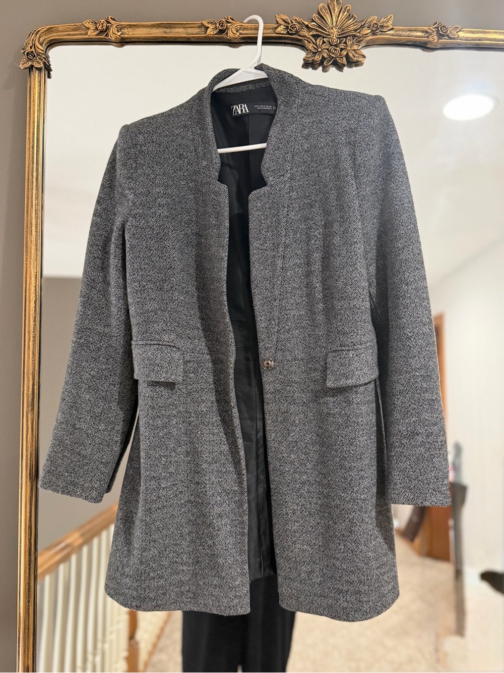 ZARA Gray Textured Collarless Tweed Blazer Coat